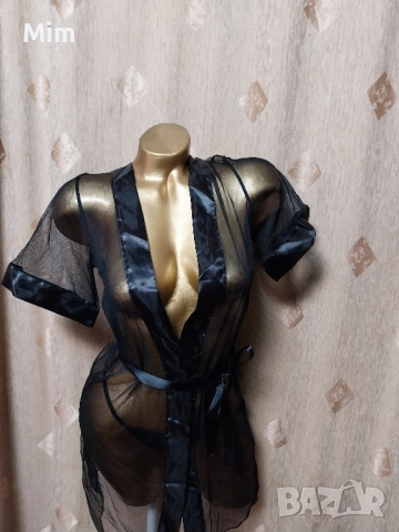 S Ефирен черен халат с къс ръкав , снимка 4 - Нощници - 52004831