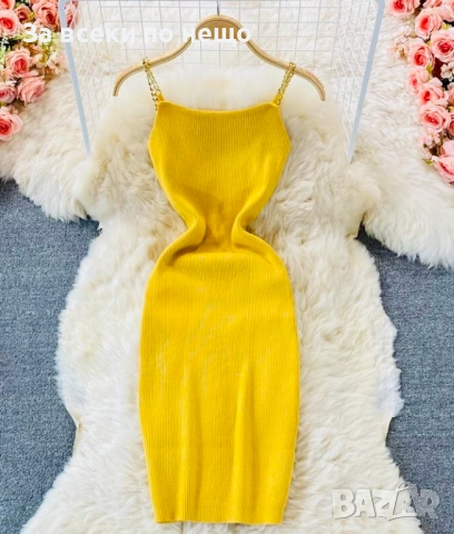 Дамска Рипсена Елегантна Прилепнала Рокля С Верижки Презрамки Chain - Жълта Или Черна Код Верона26, снимка 2 - Рокли - 54003330