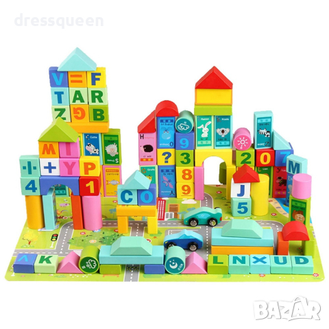 4124 Комплект от 50 части цветни дървени блокчета конструктор с кофа за съхранение, снимка 4 - Конструктори - 44614596