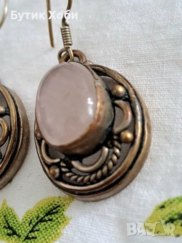 Ретро обеци с розов кварц, снимка 4 - Антикварни и старинни предмети - 42288989