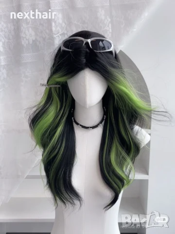 Черна чуплива перука с лимонено жълти кичури, снимка 3 - Аксесоари за коса - 51029919