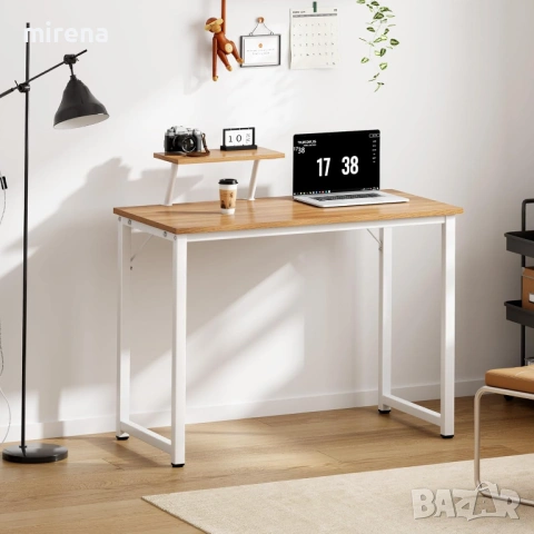 Компютърно бюро с рафтове за съхранение, дървено и метално дъбово бяло, снимка 2 - Бюра - 53238637