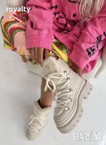 Боти на платформа - бежова кожа с бежов пух - BPUH1