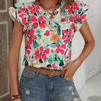 Дамска лятна модна двуслойна риза с къс ръкав с флорален принт, 4цвята - 023, снимка 4 - Ризи - 40394598