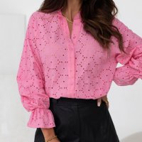Дамска памучна риза в розово с дълъг ръкав и бродерия, снимка 3 - Ризи - 44365396