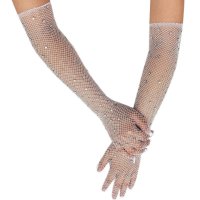 Дълги бели мрежести булчински ръкавици с кристали - код  3001, снимка 1 - Ръкавици - 44290022