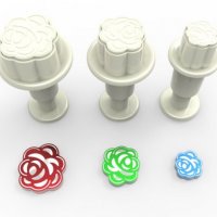 3 бр Мини Роза Рози Розички резци с бутало пластмасови форми за фондан тесто сладки, снимка 1 - Форми - 30275335