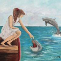 Море, момиче , делфини маслена картина , снимка 1 - Картини - 39946129