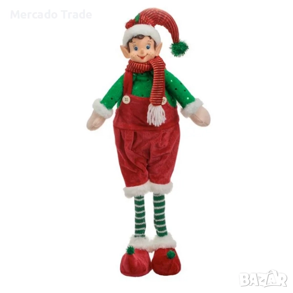 Коледна фигурка Елф с червен кадифен гащеризон и зелени раирани чорапи, 50см, снимка 1