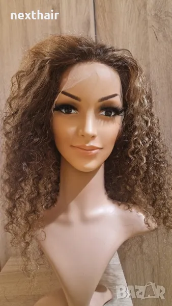 Естествена афро къдрава кафява перука с руси кичури с дантела, снимка 1