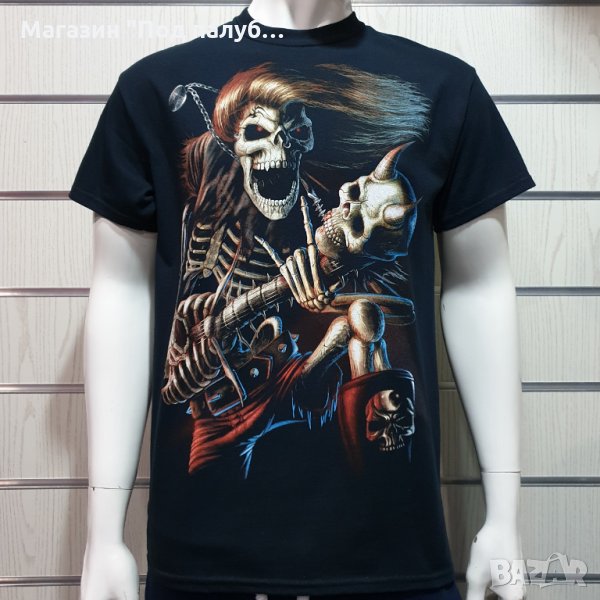 Нова мъжка тениска с дигитален печат Скелет с китара, снимка 1