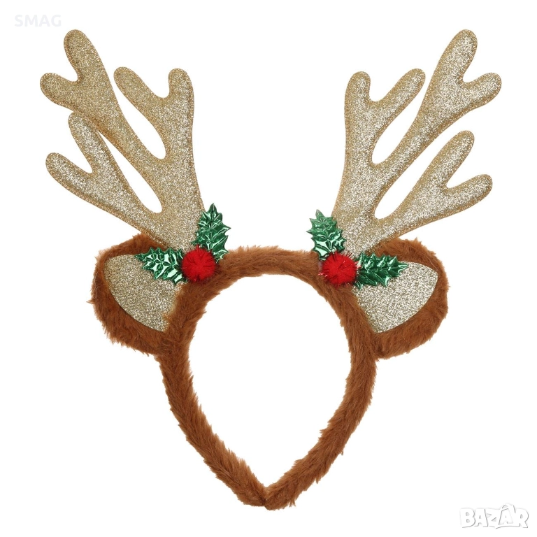 Коледна диадема с кафяви еленски рога, имел и плодчета 13 см_1255076, снимка 1