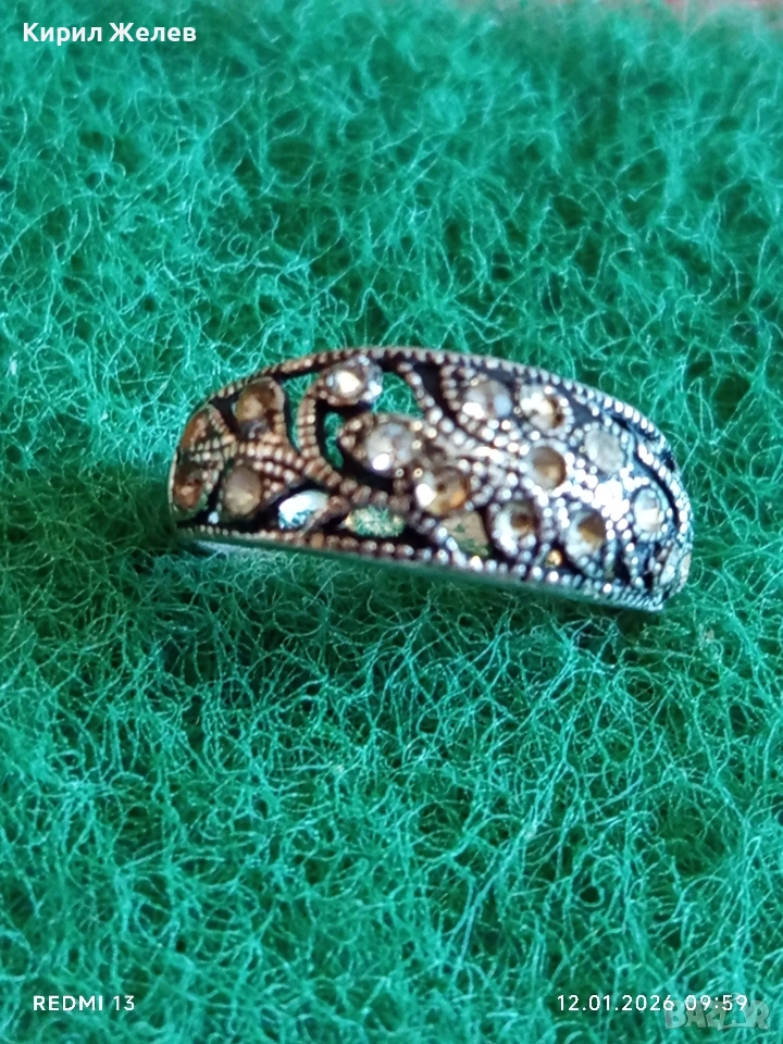 Ретро сребърен пръстен с инкрустирани кристали МАРКАЗИТ флорален мотив майстоска изработка 52665, снимка 1