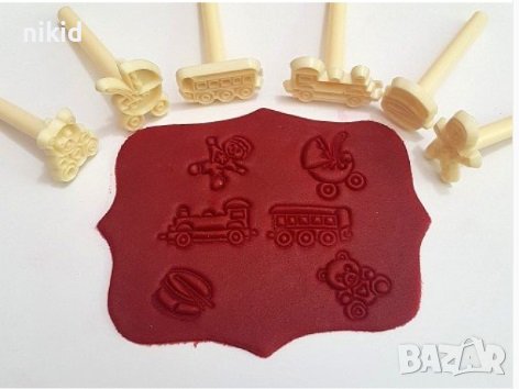 6 бр малки печати печат бебешки играчки мече количка влак барабан за бисквитки фондан украса, снимка 1