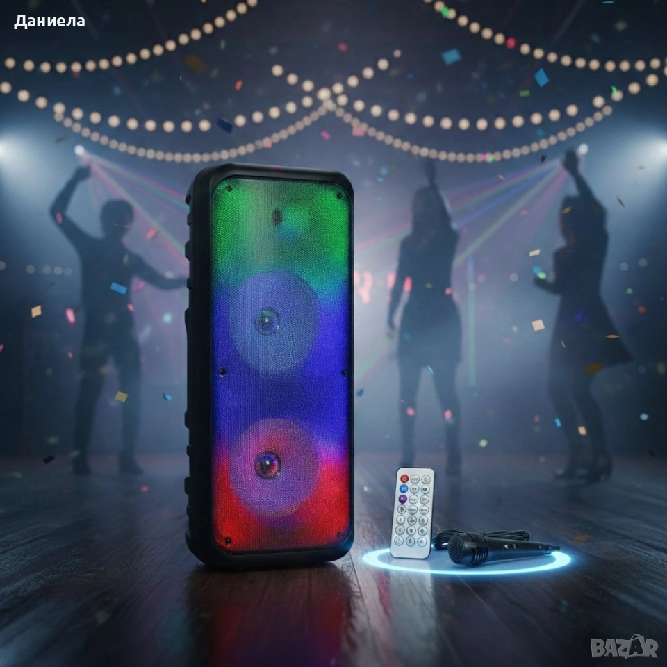 Безжична RGB тонколона – 2×8″ говорителя, Bluetooth, 1200 W, батерия 3000 mAh, снимка 1