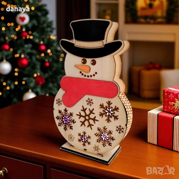 6097 Голям светещ снежен човек MDF коледна украса с LED многоцветни светлини, снимка 1