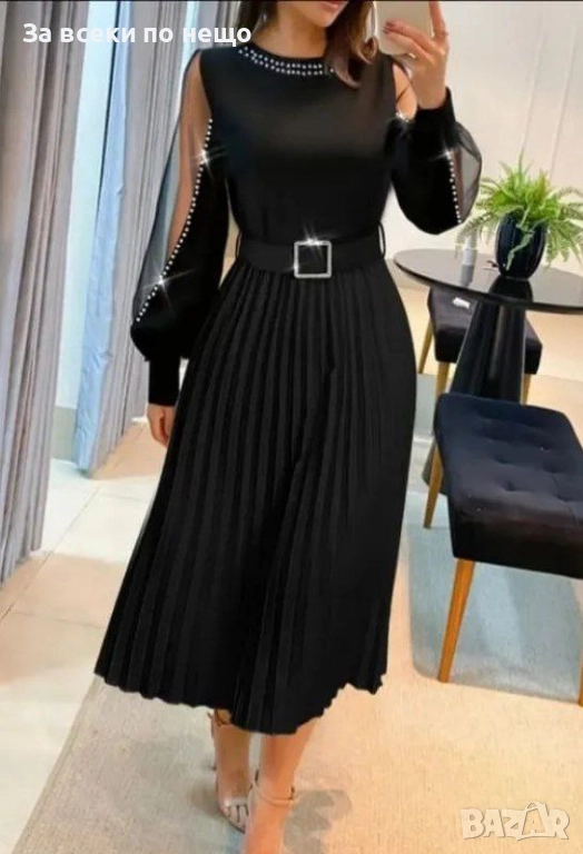 Дамска Черна Рокля Солей С Камъни Код S393, снимка 1
