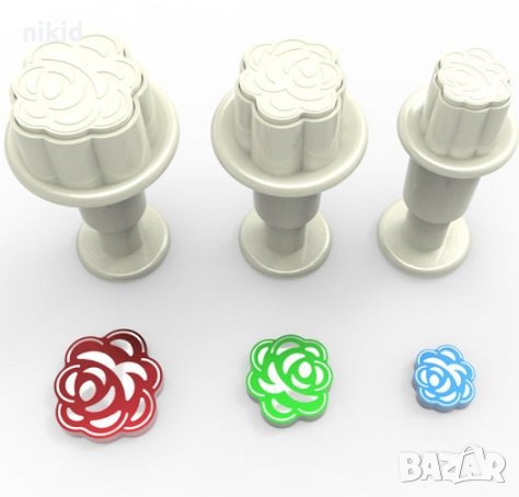 3 бр Мини Роза Рози Розички резци с бутало пластмасови форми за фондан тесто сладки, снимка 1