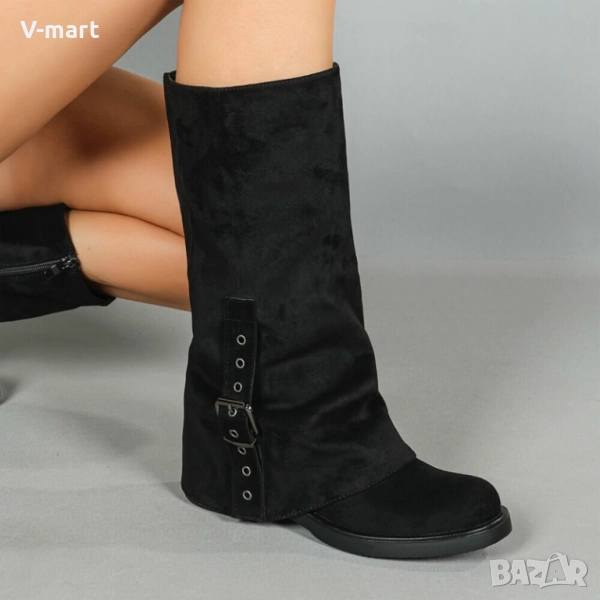 Дамски ботуши - Черен велур, снимка 1