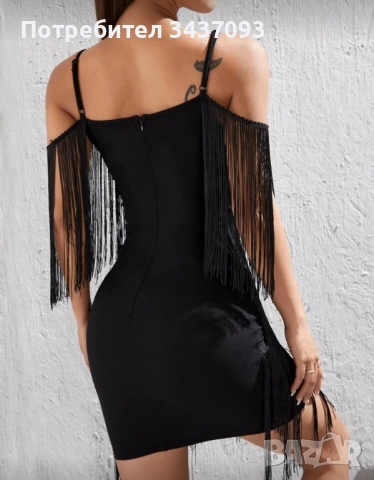 Черна къса рокля с ресни, снимка 2 - Рокли - 52000496