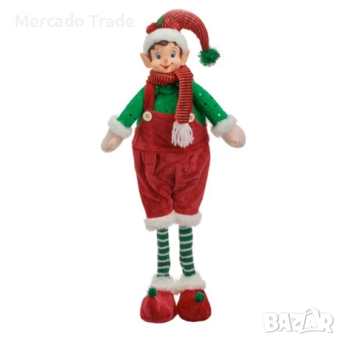 Коледна фигурка Елф с червен кадифен гащеризон и зелени раирани чорапи, 50см