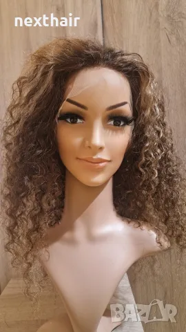 Естествена афро къдрава кафява перука с руси кичури с дантела