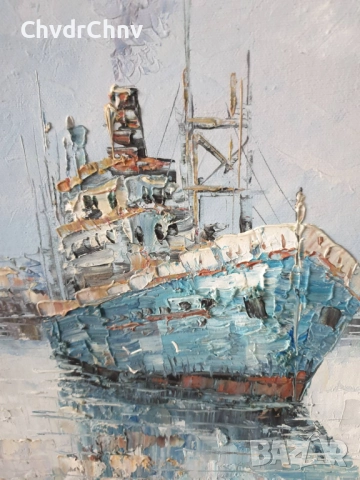 Ashley 74х64см/голяма картина масло върху платно/морски пейзаж/пристанище-рибарски кораби, снимка 7 - Картини - 52548497