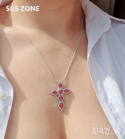 Стилен и масивен сребърен кръст с рубин от Таиланд, снимка 3 - Колиета, медальони, синджири - 53324103