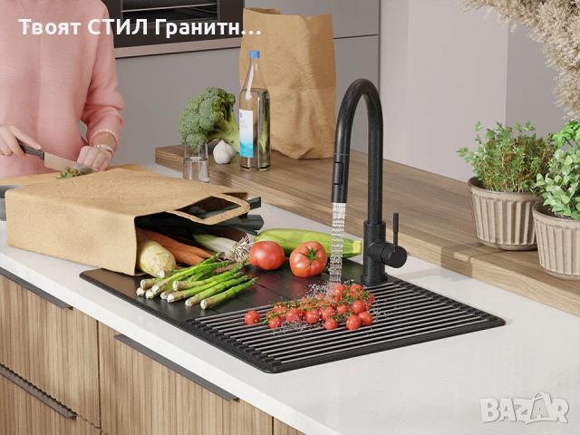 Черна кухненска мивка от гранит Копенхаген 40 Top 700х500, снимка 2 - Мивки - 50860908