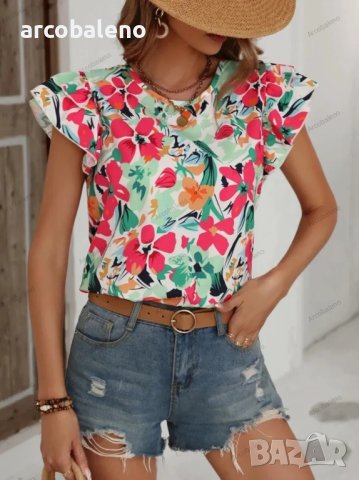 Дамска лятна модна двуслойна риза с къс ръкав с флорален принт, 4цвята - 023, снимка 4 - Ризи - 40394598