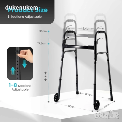 Лека сгъваема проходилка с колелца, регулируема височина, алуминиеви дръжки и тригер функция, снимка 2 - Други стоки за дома - 52466225