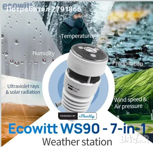 Метеорологична станция ECOWITT WS90,7в1,безжична,Bluetooth версия
