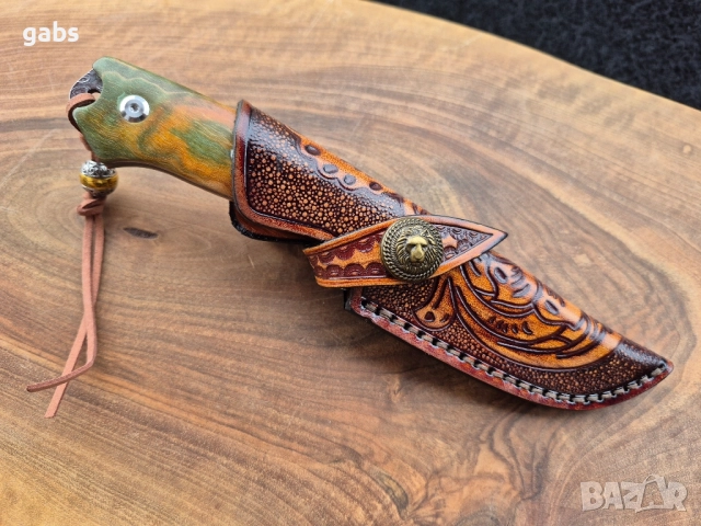 Уникален ловен нож дамаска стомана,фултанг с кожена кания LN422, снимка 4 - Ножове - 52212970