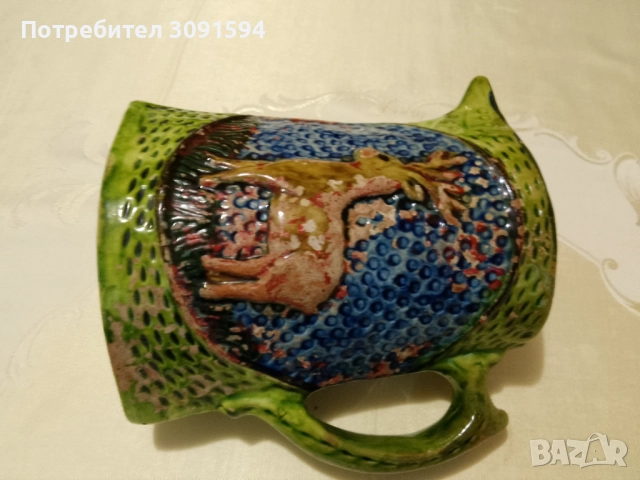 МНОГО РЯДКА СТАРА КЕРАМИЧНА КАНА С ФИГУРА ПОДПИСАНА, снимка 2 - Антикварни и старинни предмети - 51830961