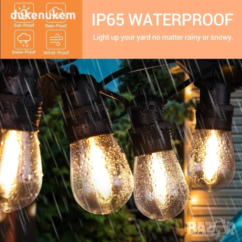 16м Външни гирлянди с 15+1 S14 LED крушки, IP65, нечупливи, топла светлина, снимка 3 - Лед осветление - 52638101