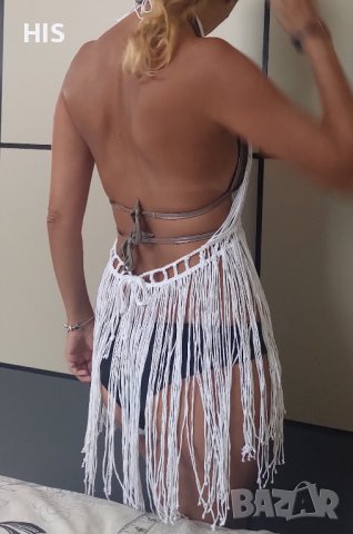 Плажна рокля ръчно плетена туника бохо стил в бяло, снимка 3 - Бански костюми - 42140608