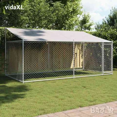 vidaXL Кучешка клетка с покрив и врата сив 4x2x2 м поцинкована стомана, снимка 2 - За кучета - 56146783