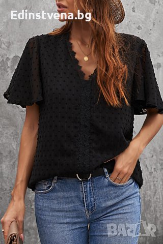 Дамска блуза в черно с принт на точки и ръкав тип пеперуда, снимка 5 - Корсети, бюстиета, топове - 40698166