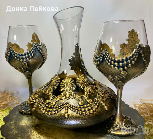 Сет за вино от 3 части декантер с 2 чаши ръчна изработка, снимка 12 - Декорация за дома - 44816490