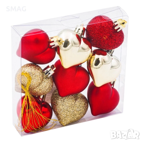 Комплект коледни орнаменти сърца червено-златни 5 см 9 бр._1198778, снимка 2 - Други - 52353532