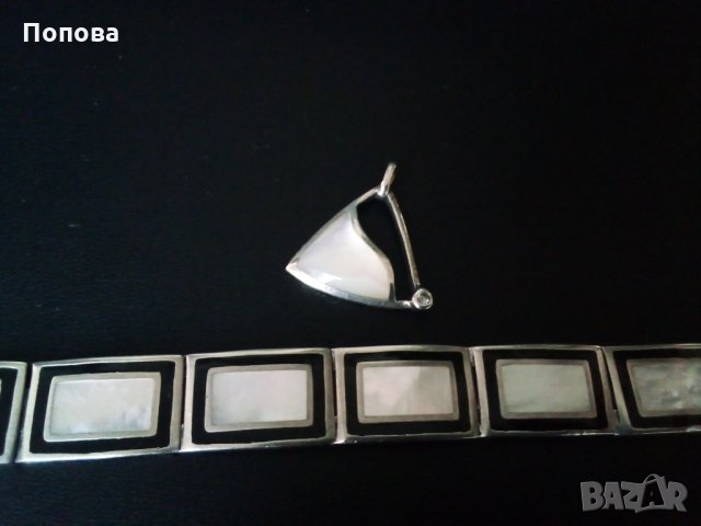 Дизайнерски сребърен масивен лот  с оникс и седеф /гривна и медальон/, снимка 4 - Бижутерийни комплекти - 31968256