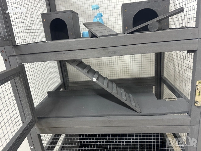 Дървена клетка за гризачи  на 4 нива с къщички, люлка, купички за храна, рампи и колелца PawHut, снимка 10 - За гризачи - 53208756