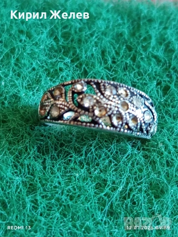 Ретро сребърен пръстен с инкрустирани кристали МАРКАЗИТ флорален мотив майстоска изработка 52665