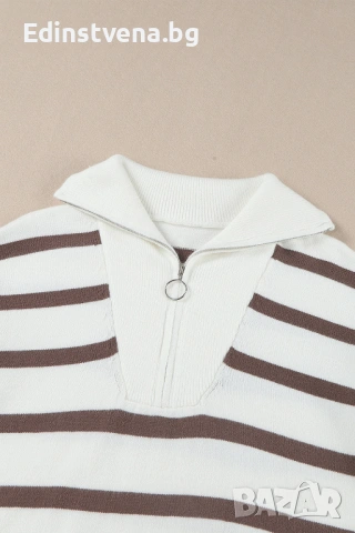 Дамска бяла рокля тип пуловер с кафяви райета и цип, снимка 9 - Рокли - 53081823