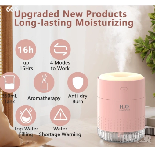 Мини овлажнител за въздух SZO с LED светлина, функция за автоматично изключване и два режима на , снимка 2 - Друга електроника - 54088862