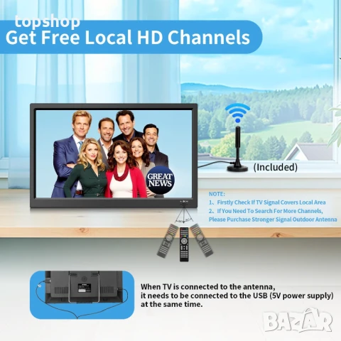 НОВ 15,6-инчов преносим малък телевизор с ATSC тунер / HDMI / USB / AV с акумулаторна батерия ..., снимка 2 - Телевизори - 50580362