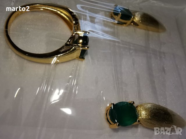 Комплект Сребърни 925 Обеци и Пръстен с камъни - натурален зелен Ахат, снимка 4 - Бижутерийни комплекти - 38165638