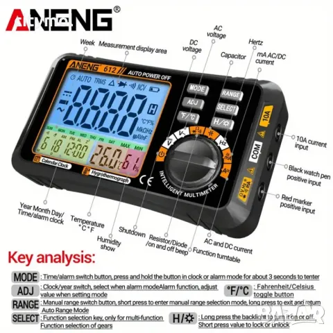 Цифров мултицет ANENG 612, AC/DC, ток, честота, съпротивление. С термохигрометър, календар, аларма, снимка 3 - Други инструменти - 48507265