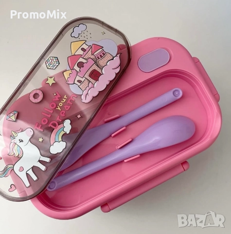 Детска кутия за храна Еднорог и приказен замък Комплект кутия за храна с прибори Кутия за училище , снимка 4 - Кутии за храна - 51451774