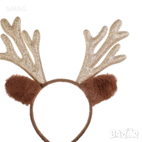 Коледна диадема еленови рога кафяви със звънчета и брокат 12 см_1255090, снимка 2 - Шноли, диадеми, ленти - 52708473